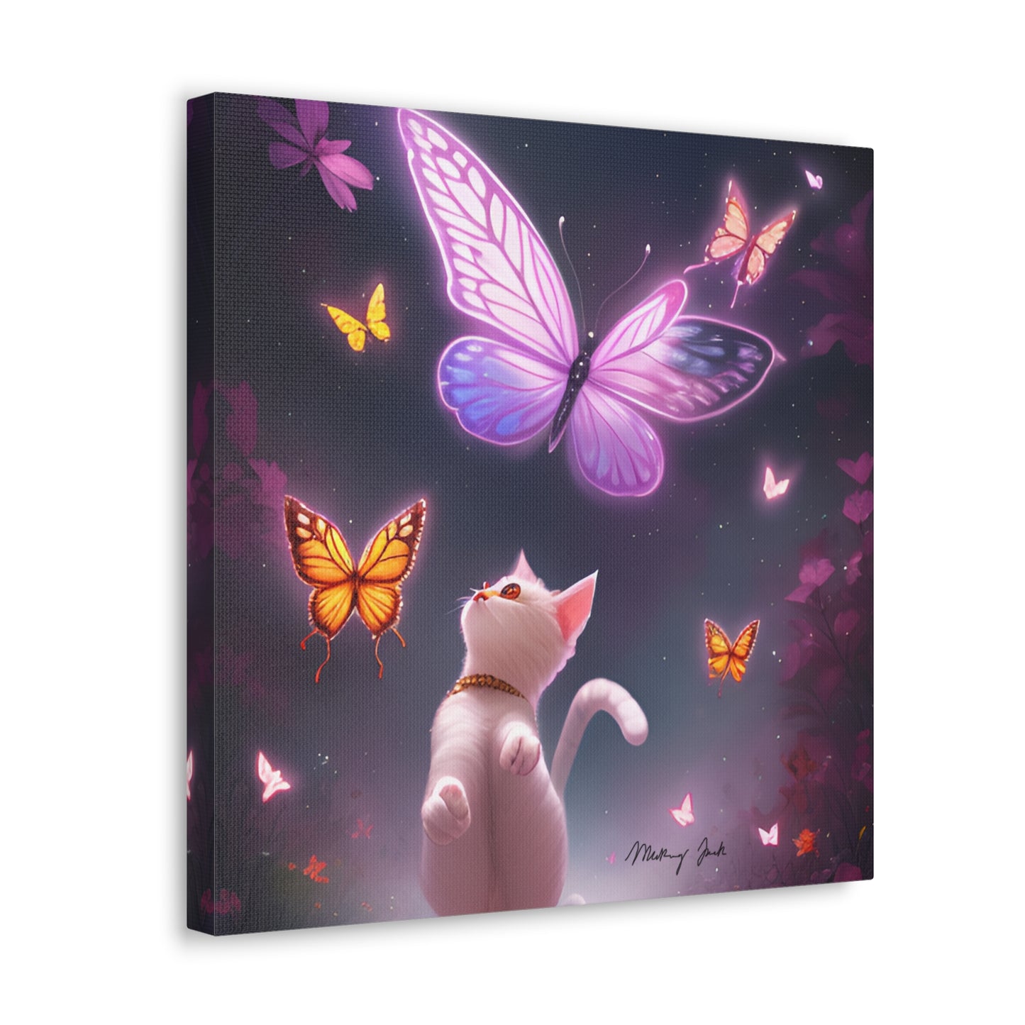 White Kitten & Butterflies Canvas Gallery Wraps