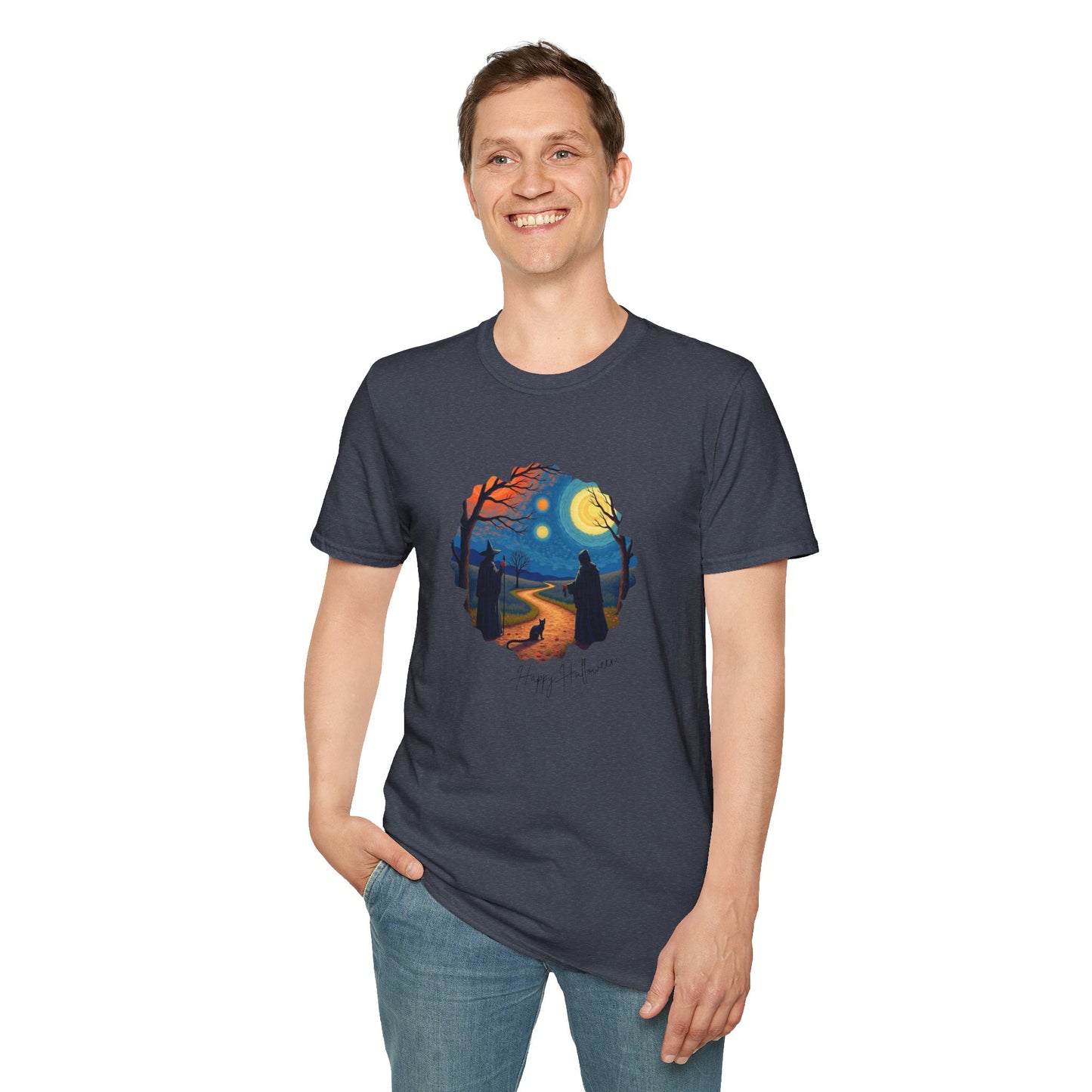 Halloween Scene Moonlit Path Unisex Softstyle T-Shirt, Nature Lover Tee, Hiking Apparel, Gift for Outdoor Enthusiasts, Cozy Everyday Wear