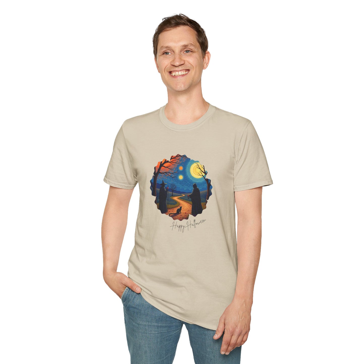 Halloween Scene Moonlit Path Unisex Softstyle T-Shirt, Nature Lover Tee, Hiking Apparel, Gift for Outdoor Enthusiasts, Cozy Everyday Wear