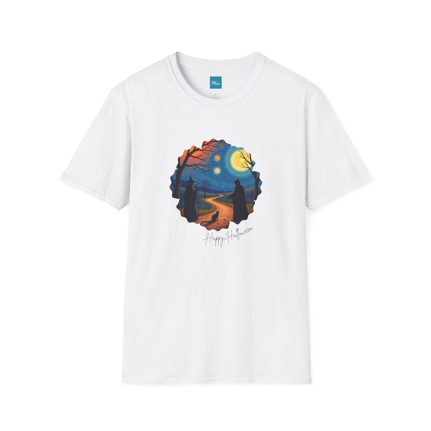 Halloween Scene Moonlit Path Unisex Softstyle T-Shirt, Nature Lover Tee, Hiking Apparel, Gift for Outdoor Enthusiasts, Cozy Everyday Wear