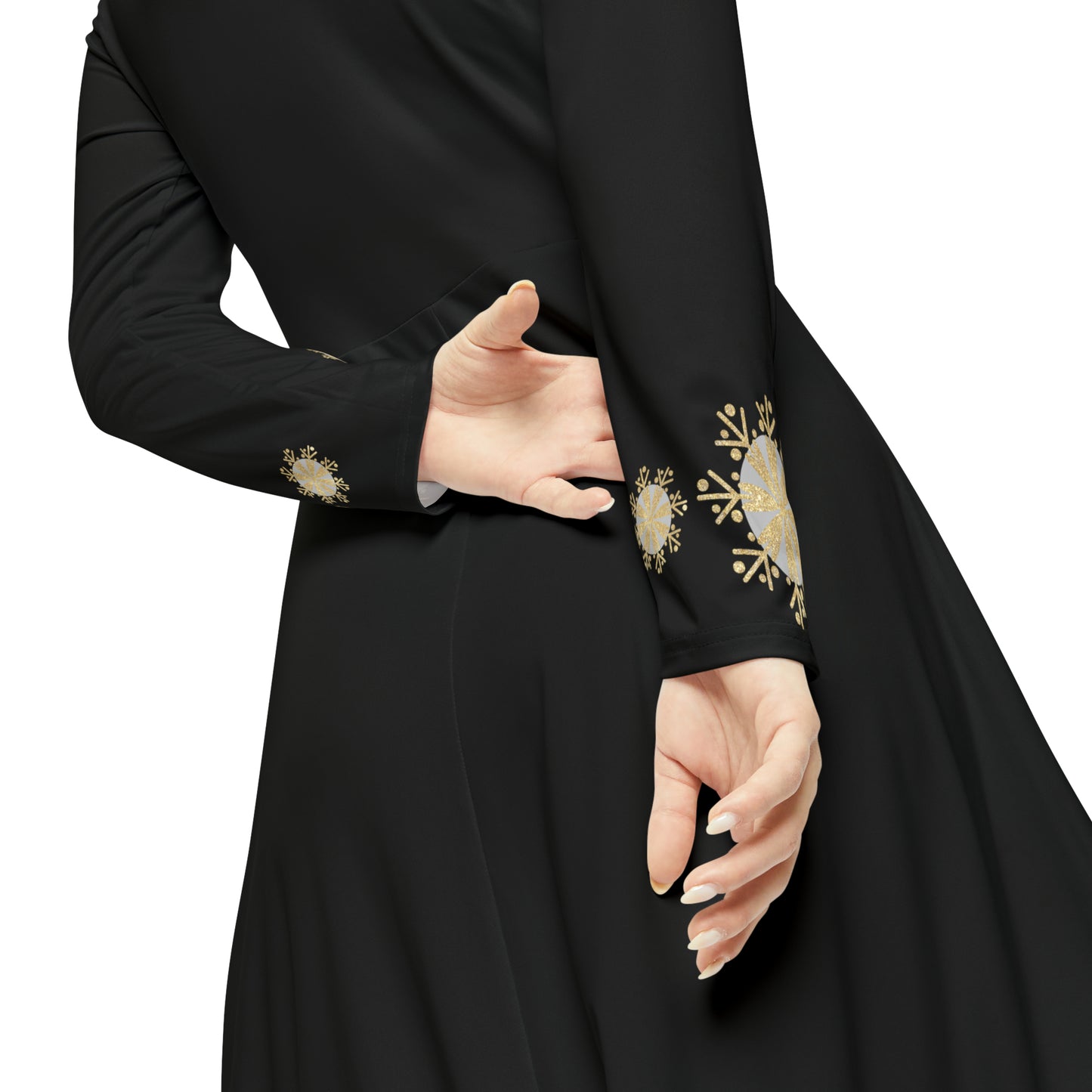 Christmas Silver Gold Snowflake on Black Women's Long Sleeve Dance Dress (AOP)