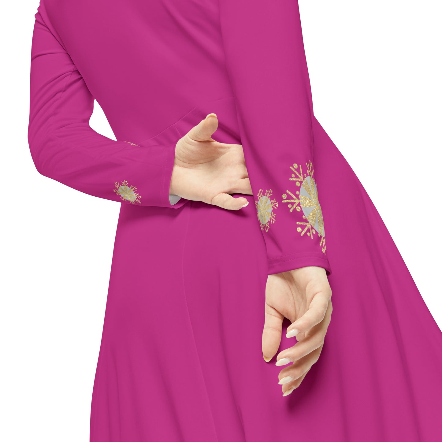 Christmas Silver Gold Snowflake on Pink Women's Long Sleeve Dance Dress (AOP)