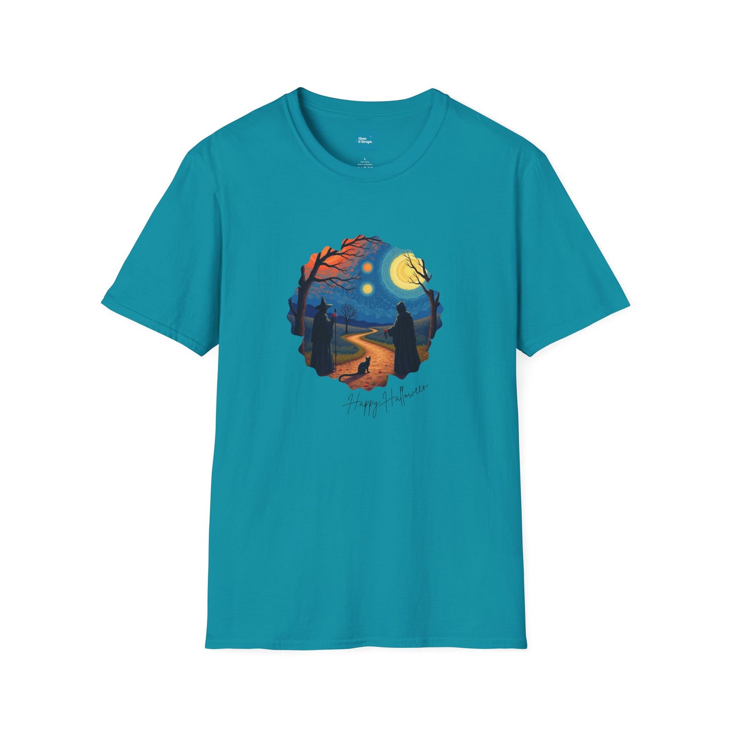 Halloween Scene Moonlit Path Unisex Softstyle T-Shirt, Nature Lover Tee, Hiking Apparel, Gift for Outdoor Enthusiasts, Cozy Everyday Wear