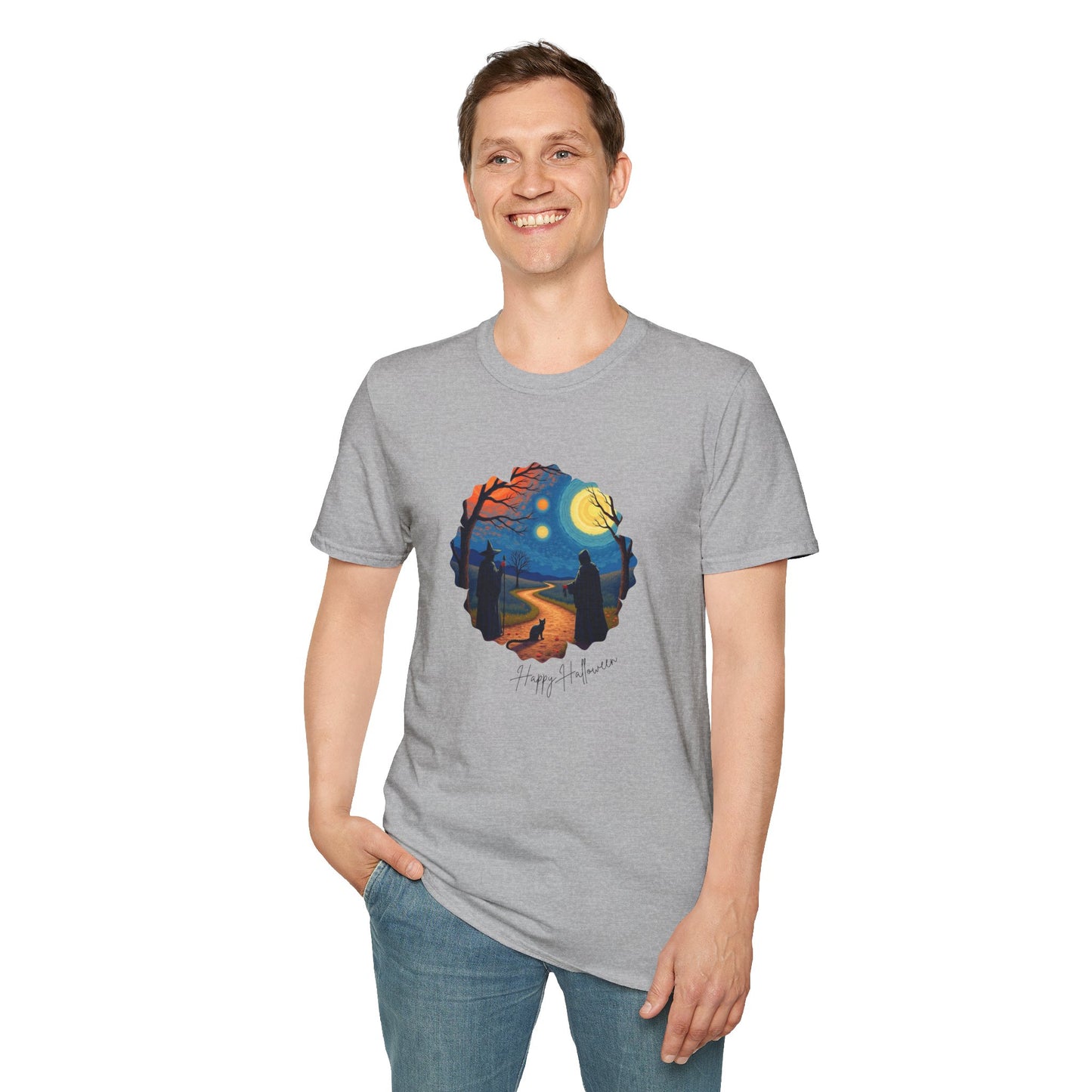 Halloween Scene Moonlit Path Unisex Softstyle T-Shirt, Nature Lover Tee, Hiking Apparel, Gift for Outdoor Enthusiasts, Cozy Everyday Wear