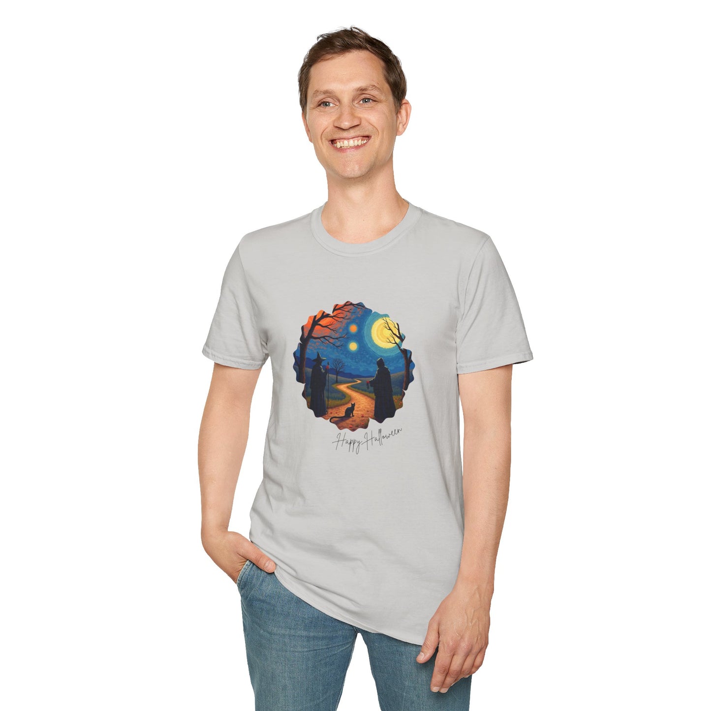 Halloween Scene Moonlit Path Unisex Softstyle T-Shirt, Nature Lover Tee, Hiking Apparel, Gift for Outdoor Enthusiasts, Cozy Everyday Wear