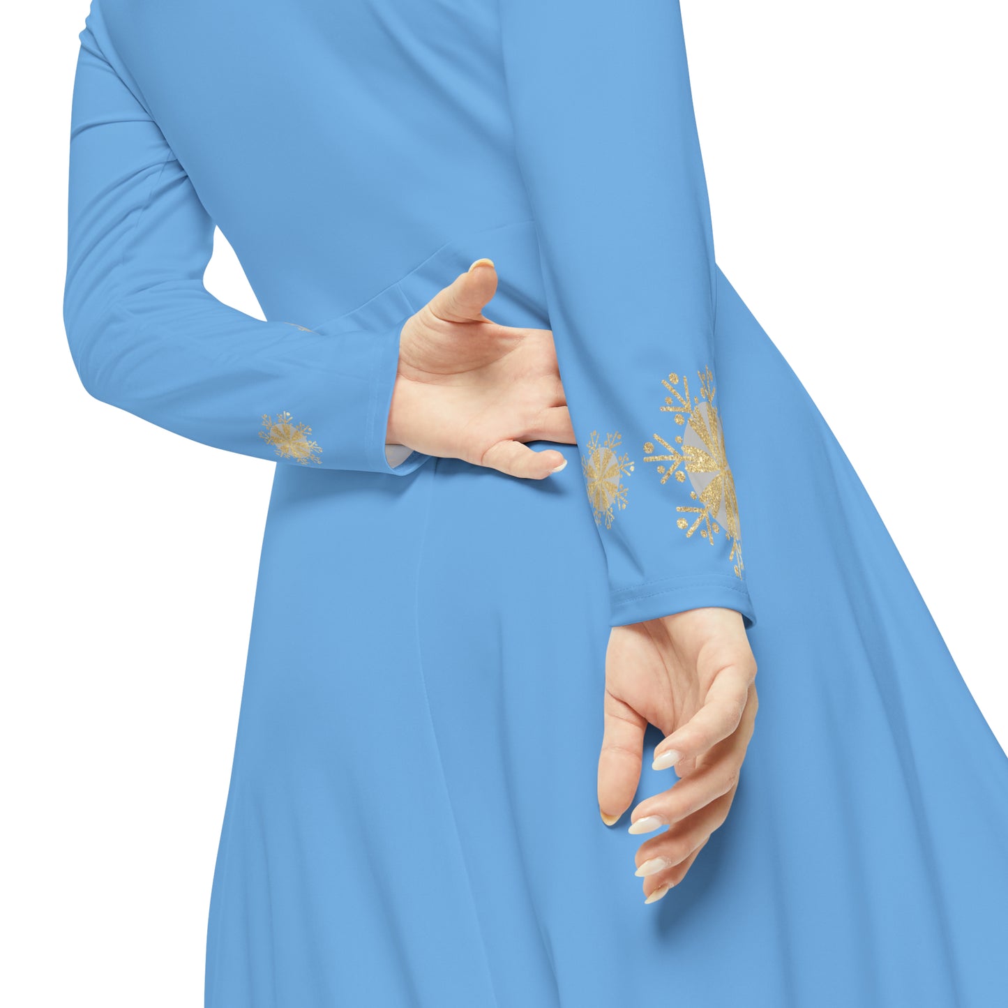 Christmas Silver Gold Snowflake on Light Blue Women's Long Sleeve Dance Dress (AOP)