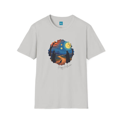 Halloween Scene Moonlit Path Unisex Softstyle T-Shirt, Nature Lover Tee, Hiking Apparel, Gift for Outdoor Enthusiasts, Cozy Everyday Wear