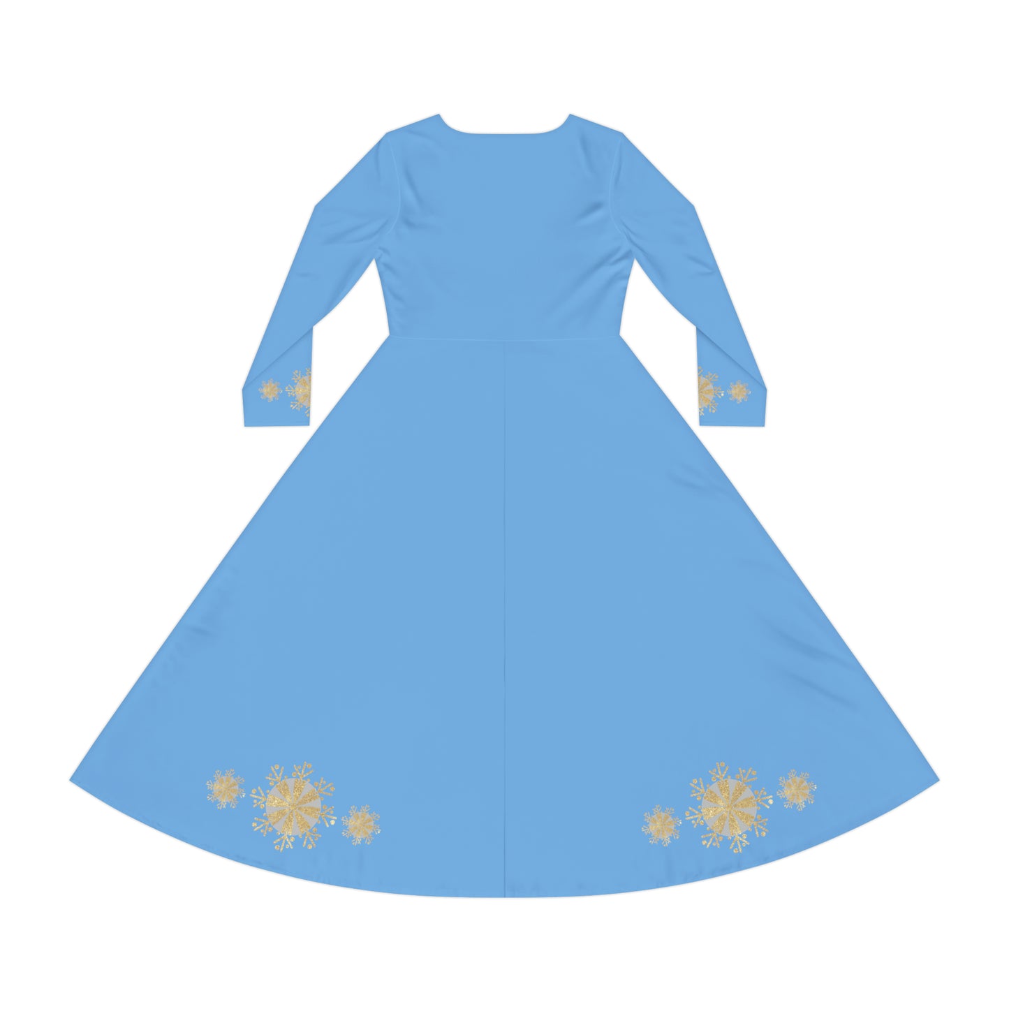 Christmas Silver Gold Snowflake on Light Blue Women's Long Sleeve Dance Dress (AOP)