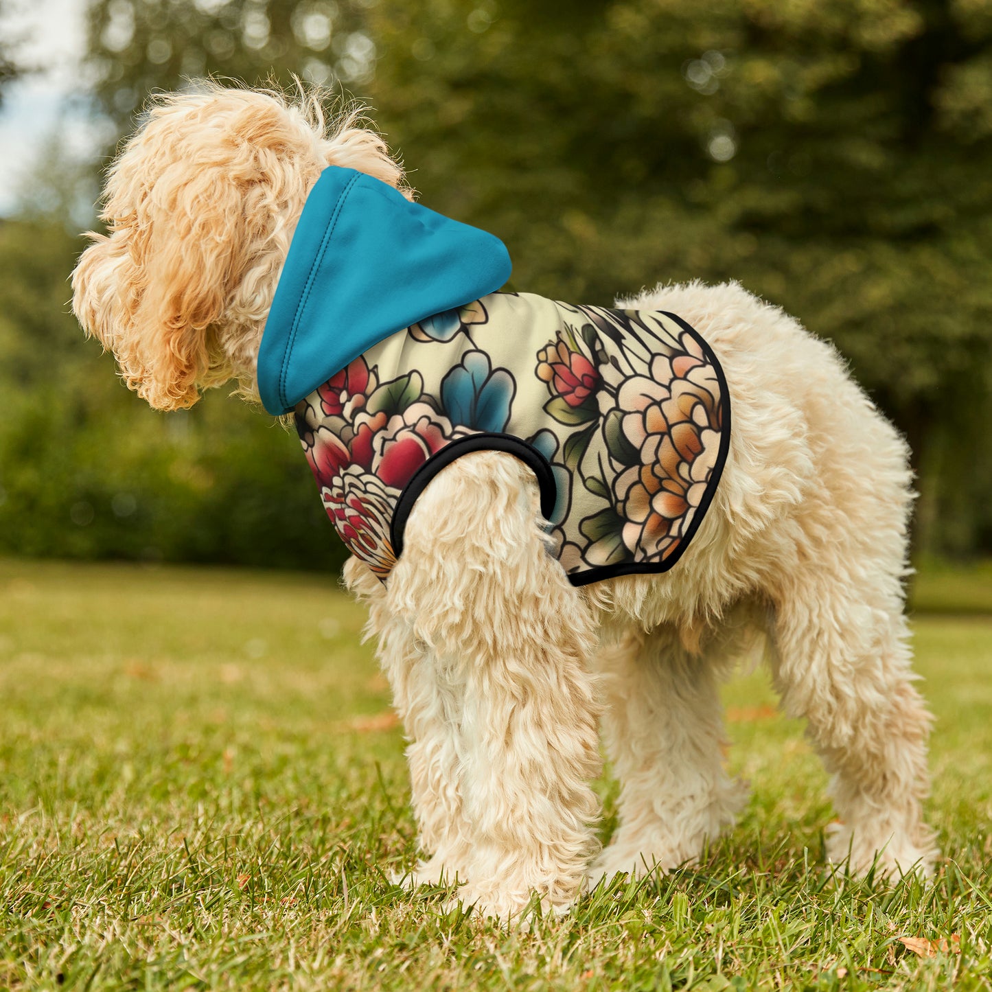 Japanese Flower Design Blue Hood Pet Hoodie