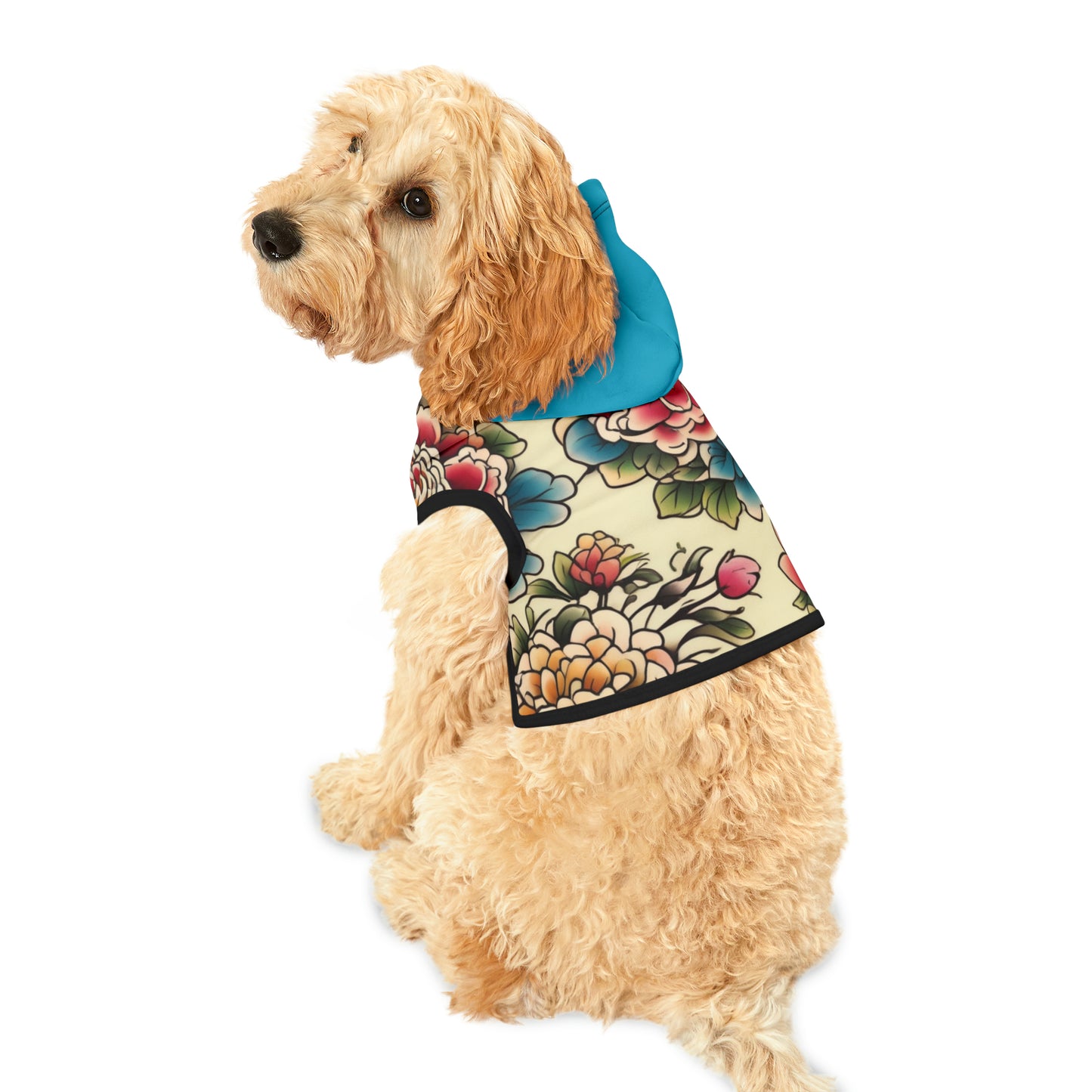 Japanese Flower Design Blue Hood Pet Hoodie