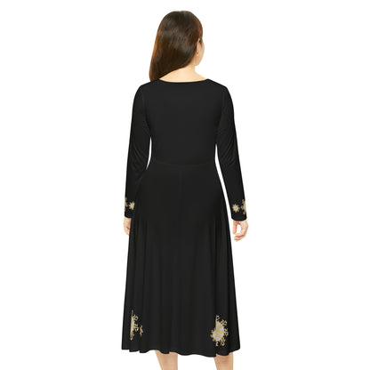Christmas Silver Gold Snowflake on Black Women's Long Sleeve Dance Dress (AOP)