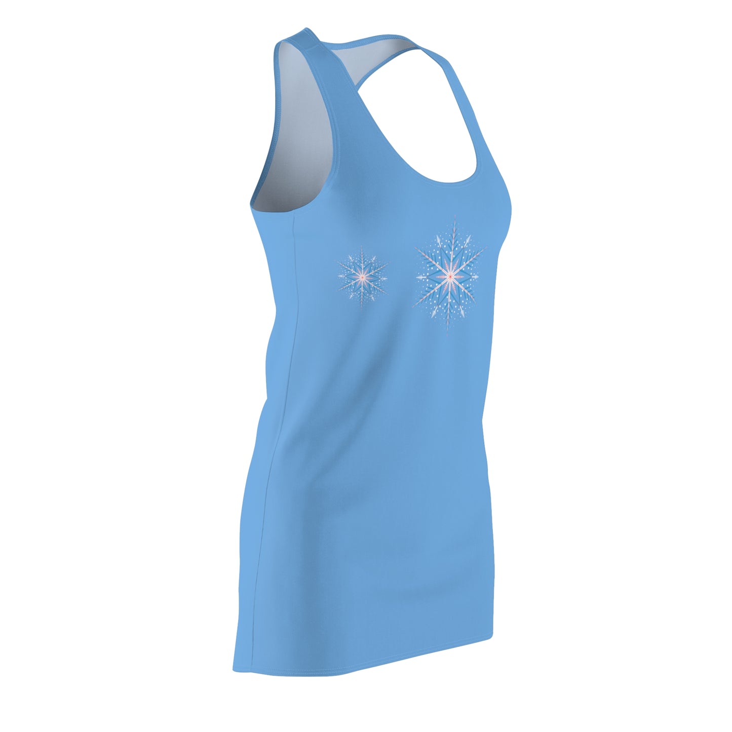 Women's Snowflake Trio Sparkle Design on Light Blue Cut & Sew Racerback Dress (AOP)