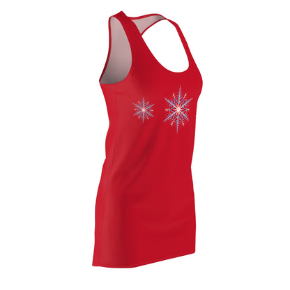 Women's Snowflake Trio Sparkle Design on Dark Red Cut & Sew Racerback Dress (AOP)