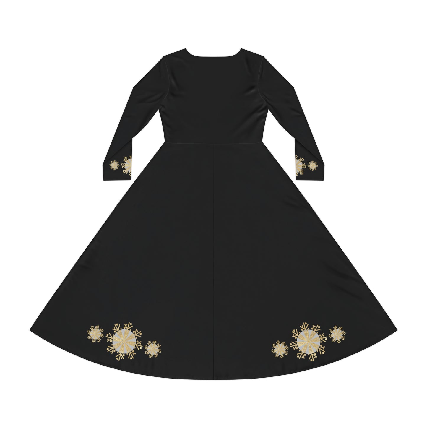 Christmas Silver Gold Snowflake on Black Women's Long Sleeve Dance Dress (AOP)