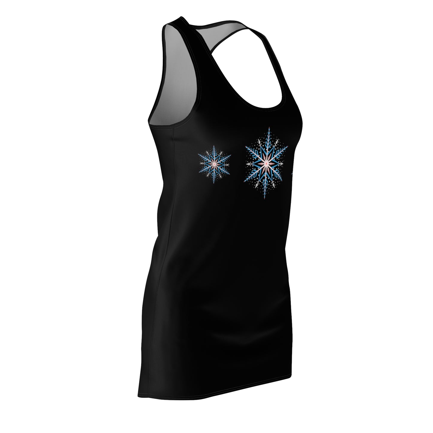 Women's Snowflake Trio Sparkle Design on Black Cut & Sew Racerback Dress (AOP)