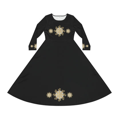 Christmas Silver Gold Snowflake on Black Women's Long Sleeve Dance Dress (AOP)