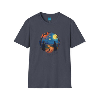 Halloween Scene Moonlit Path Unisex Softstyle T-Shirt, Nature Lover Tee, Hiking Apparel, Gift for Outdoor Enthusiasts, Cozy Everyday Wear