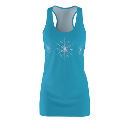 Women's Snowflake Trio Sparkle Design on Turquoise Cut & Sew Racerback Dress (AOP)