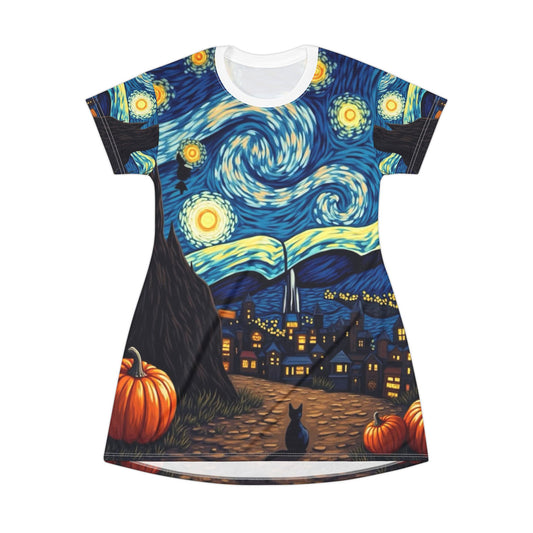 Starry Night Pumpkin T-Shirt Dress, Cozy Fall Outfit, Halloween Casual Dress, Art-Inspired Fashion, Unique Gift for Any Occasion
