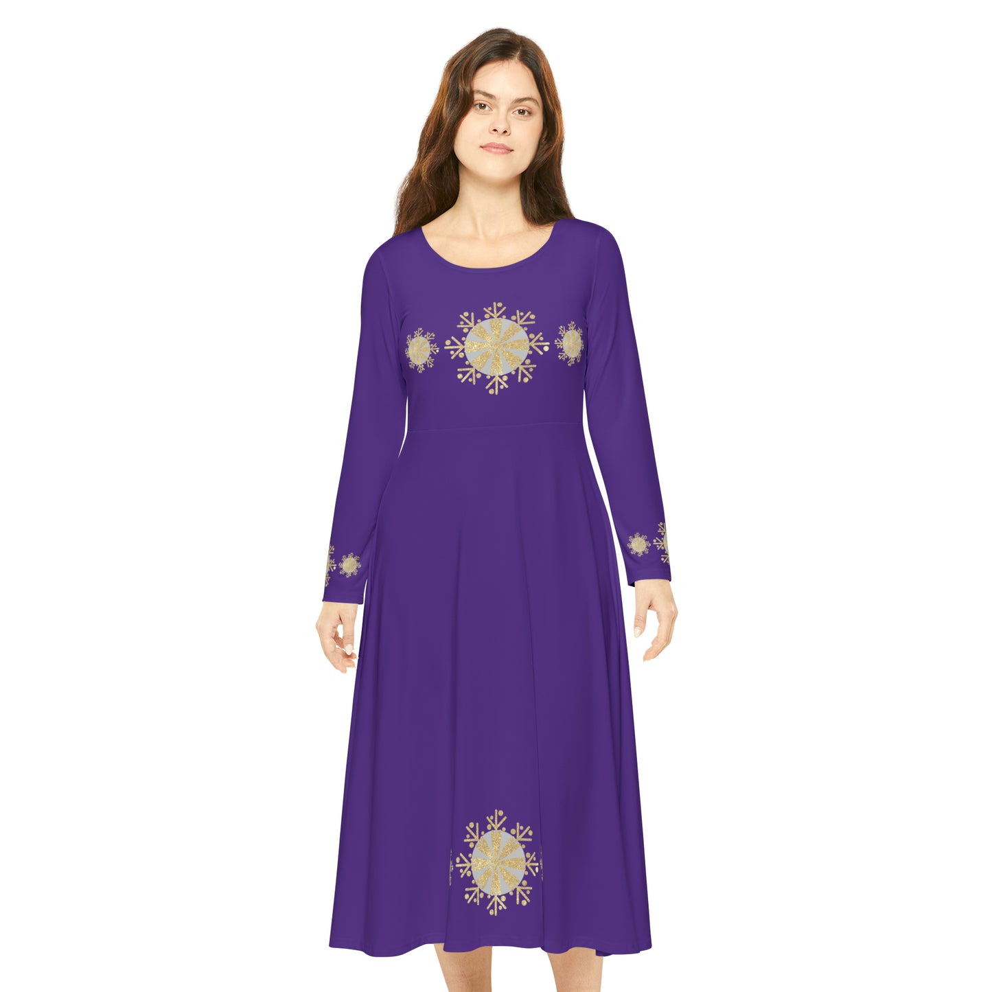 Christmas Silver Gold Snowflake on Purple Women's Long Sleeve Dance Dress (AOP)