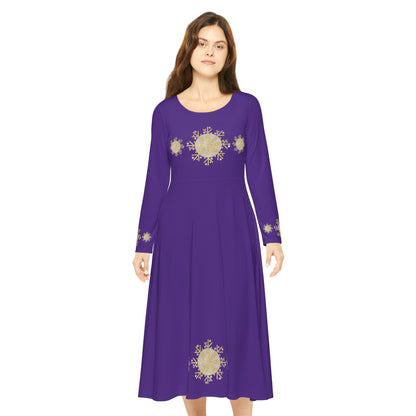 Christmas Silver Gold Snowflake on Purple Women's Long Sleeve Dance Dress (AOP)