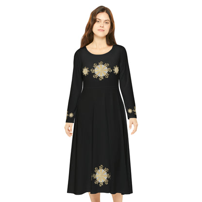 Christmas Silver Gold Snowflake on Black Women's Long Sleeve Dance Dress (AOP)