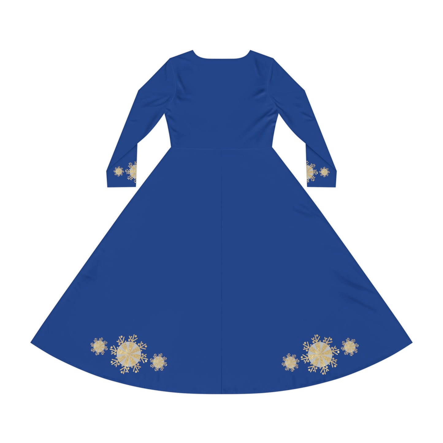 Christmas Silver Gold Snowflake on Dark Blue Women's Long Sleeve Dance Dress (AOP)