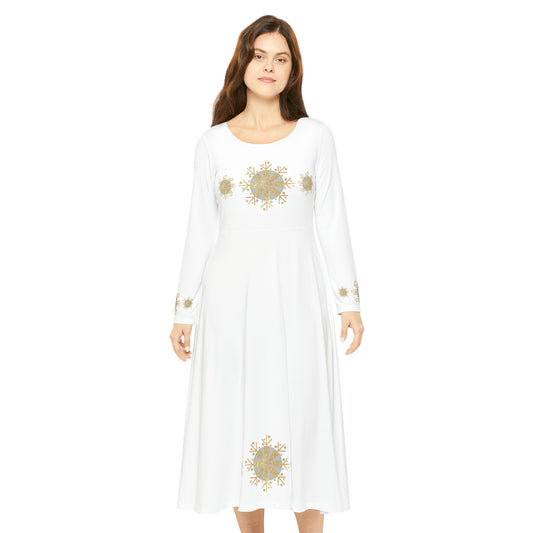 Christmas Silver Gold Snowflake on White Women's Long Sleeve Dance Dress (AOP)