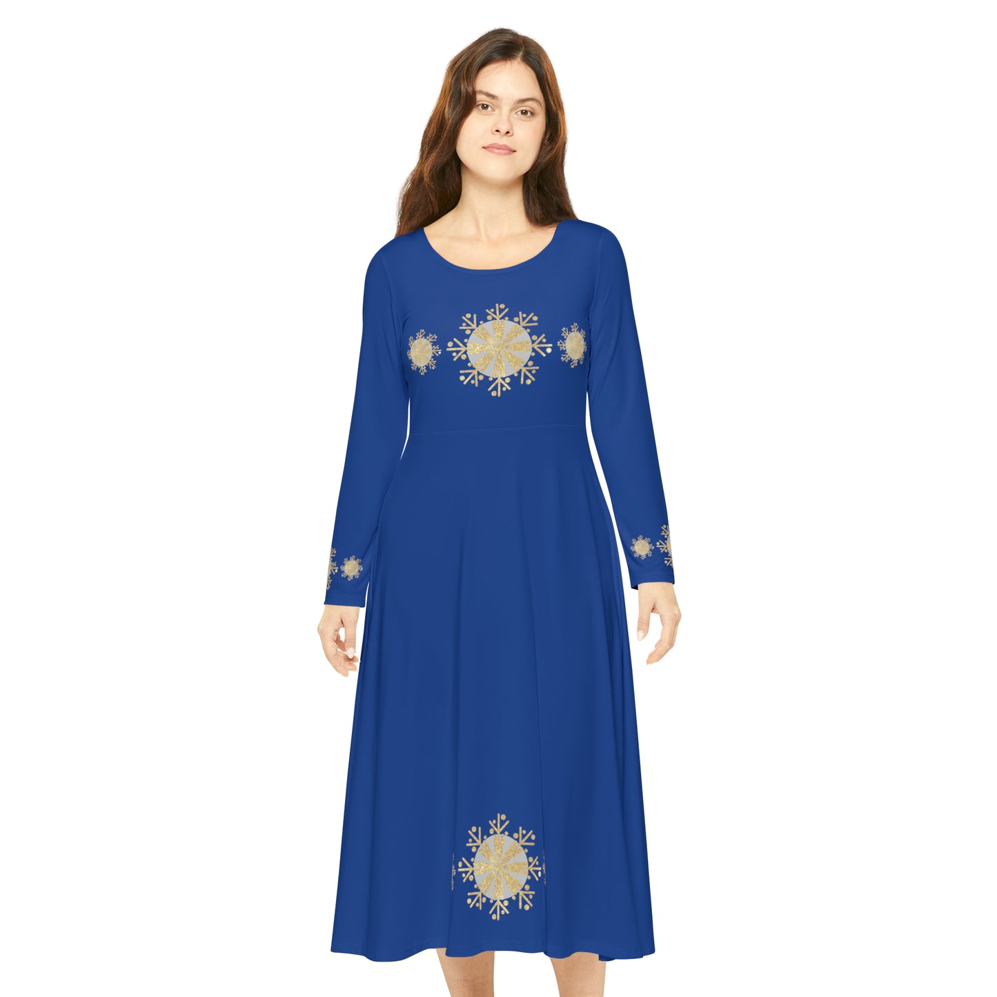 Christmas Silver Gold Snowflake on Dark Blue Women's Long Sleeve Dance Dress (AOP)
