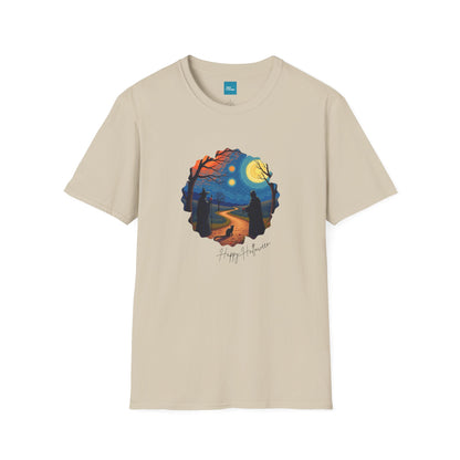 Halloween Scene Moonlit Path Unisex Softstyle T-Shirt, Nature Lover Tee, Hiking Apparel, Gift for Outdoor Enthusiasts, Cozy Everyday Wear