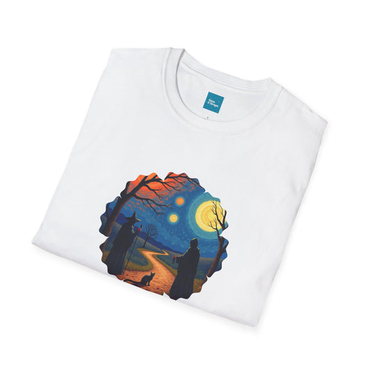 Halloween Scene Moonlit Path Unisex Softstyle T-Shirt, Nature Lover Tee, Hiking Apparel, Gift for Outdoor Enthusiasts, Cozy Everyday Wear
