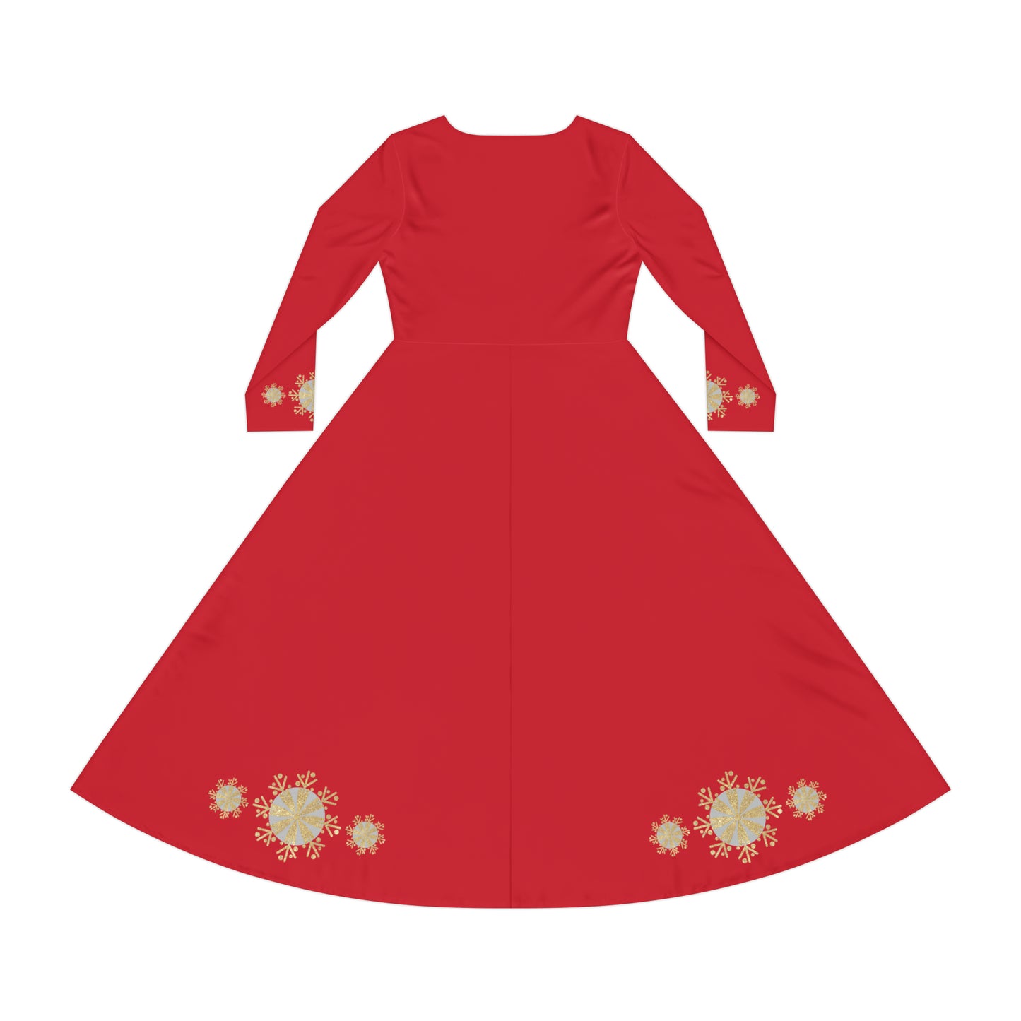 Christmas Silver Gold Snowflake on Dark Red Women's Long Sleeve Dance Dress (AOP)