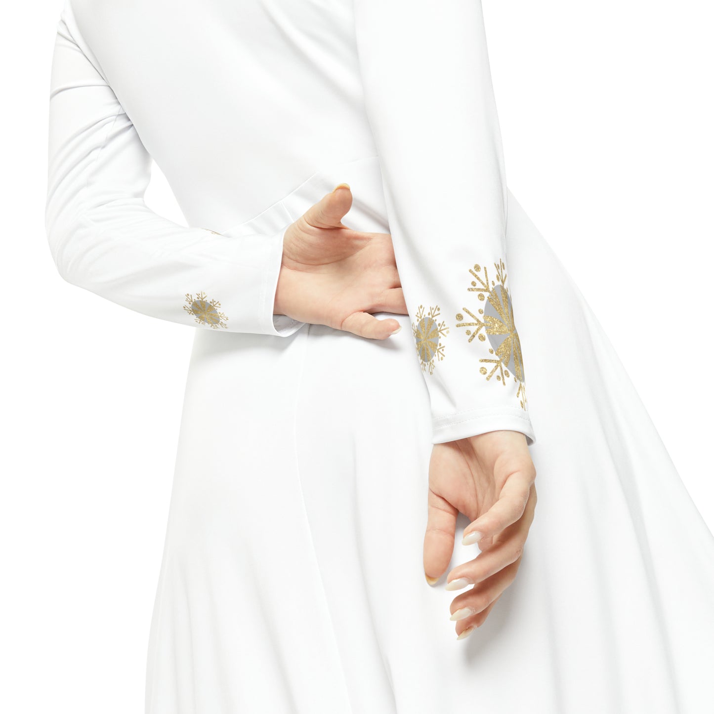 Christmas Silver Gold Snowflake on White Women's Long Sleeve Dance Dress (AOP)