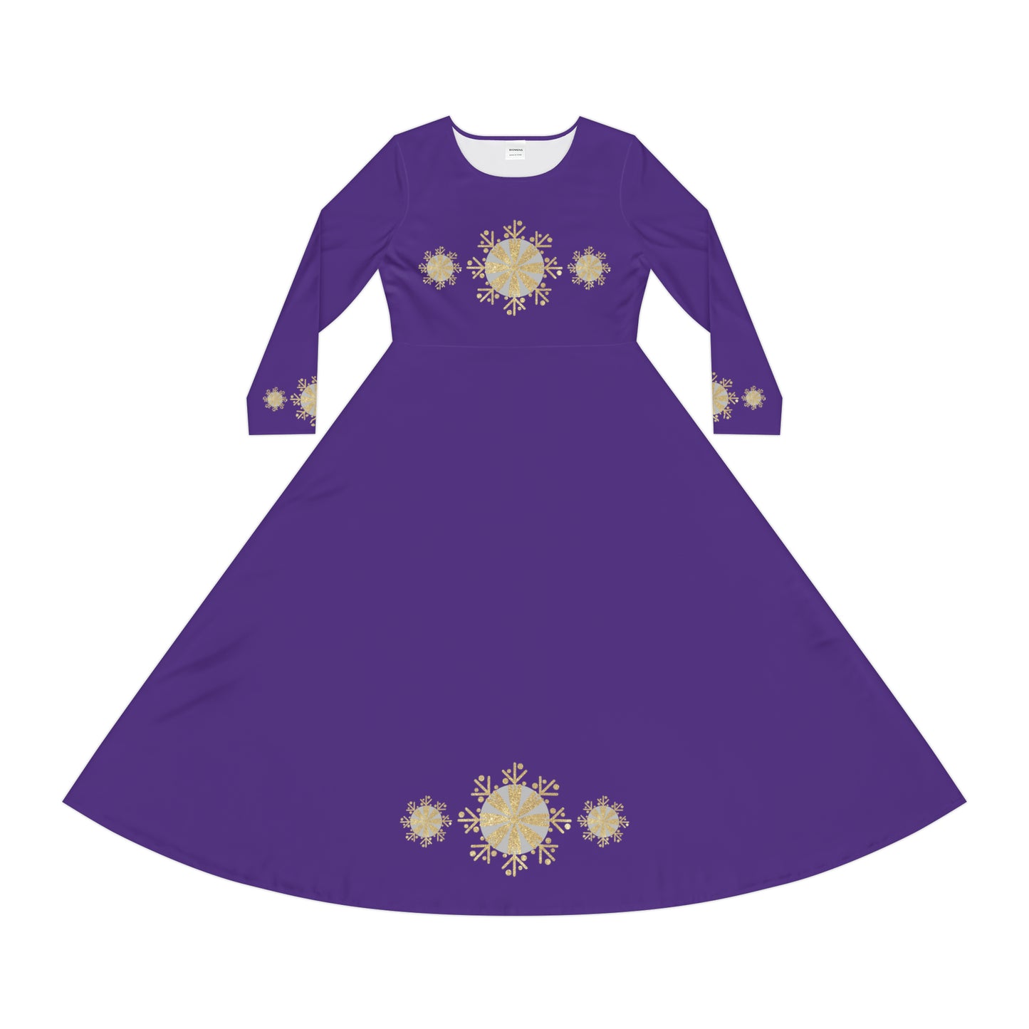Christmas Silver Gold Snowflake on Purple Women's Long Sleeve Dance Dress (AOP)