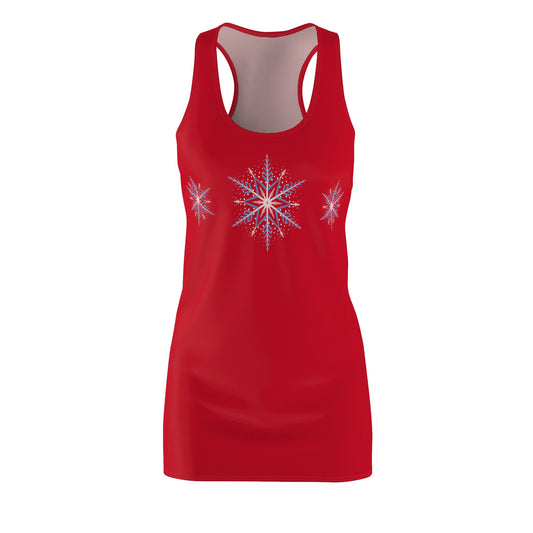 Women's Snowflake Trio Sparkle Design on Dark Red Cut & Sew Racerback Dress (AOP)