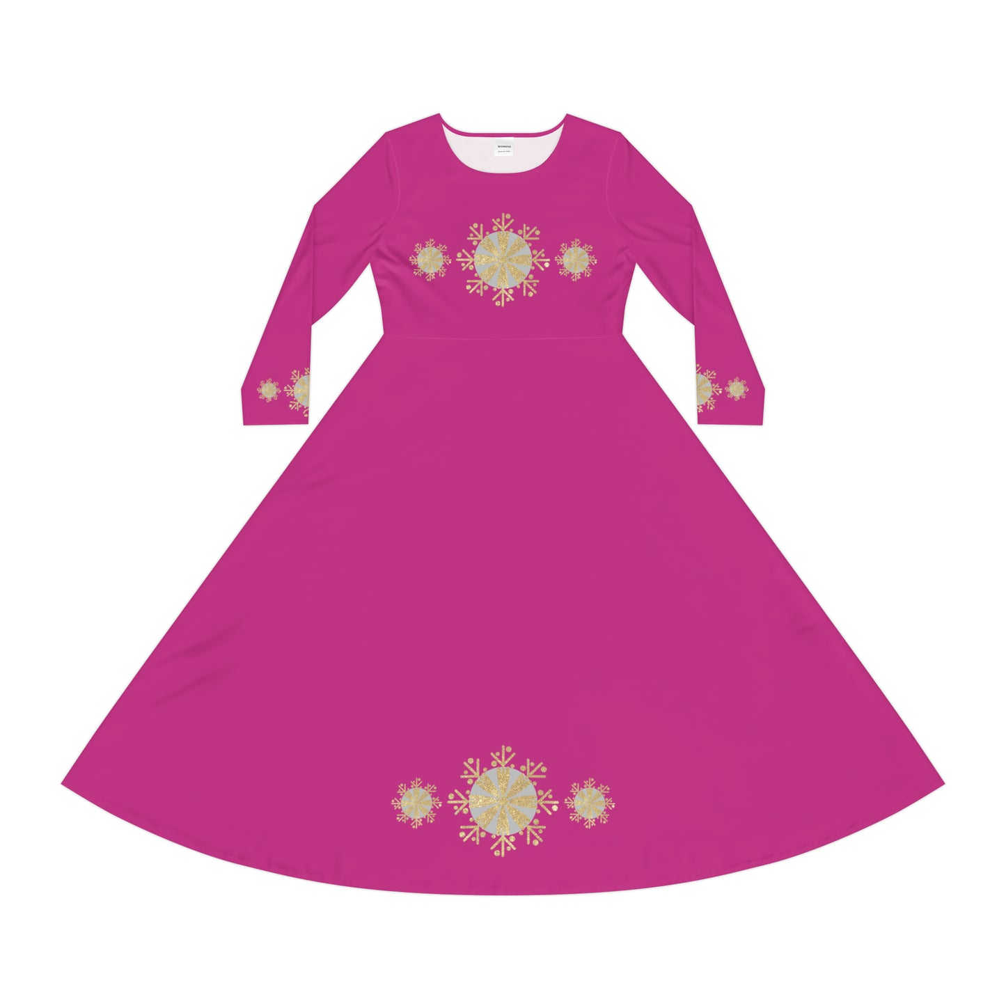 Christmas Silver Gold Snowflake on Pink Women's Long Sleeve Dance Dress (AOP)