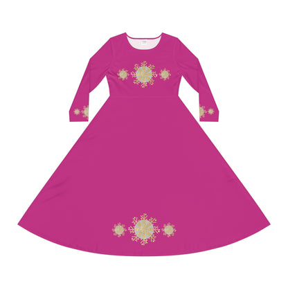 Christmas Silver Gold Snowflake on Pink Women's Long Sleeve Dance Dress (AOP)