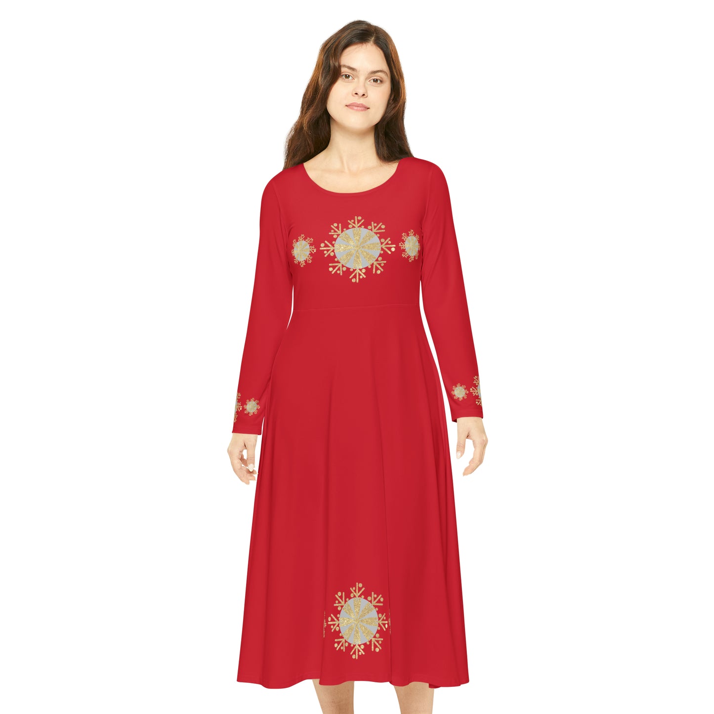 Christmas Silver Gold Snowflake on Dark Red Women's Long Sleeve Dance Dress (AOP)