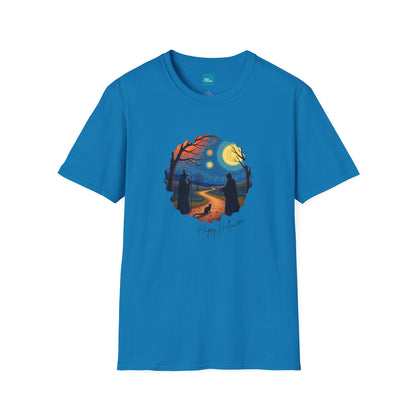Halloween Scene Moonlit Path Unisex Softstyle T-Shirt, Nature Lover Tee, Hiking Apparel, Gift for Outdoor Enthusiasts, Cozy Everyday Wear