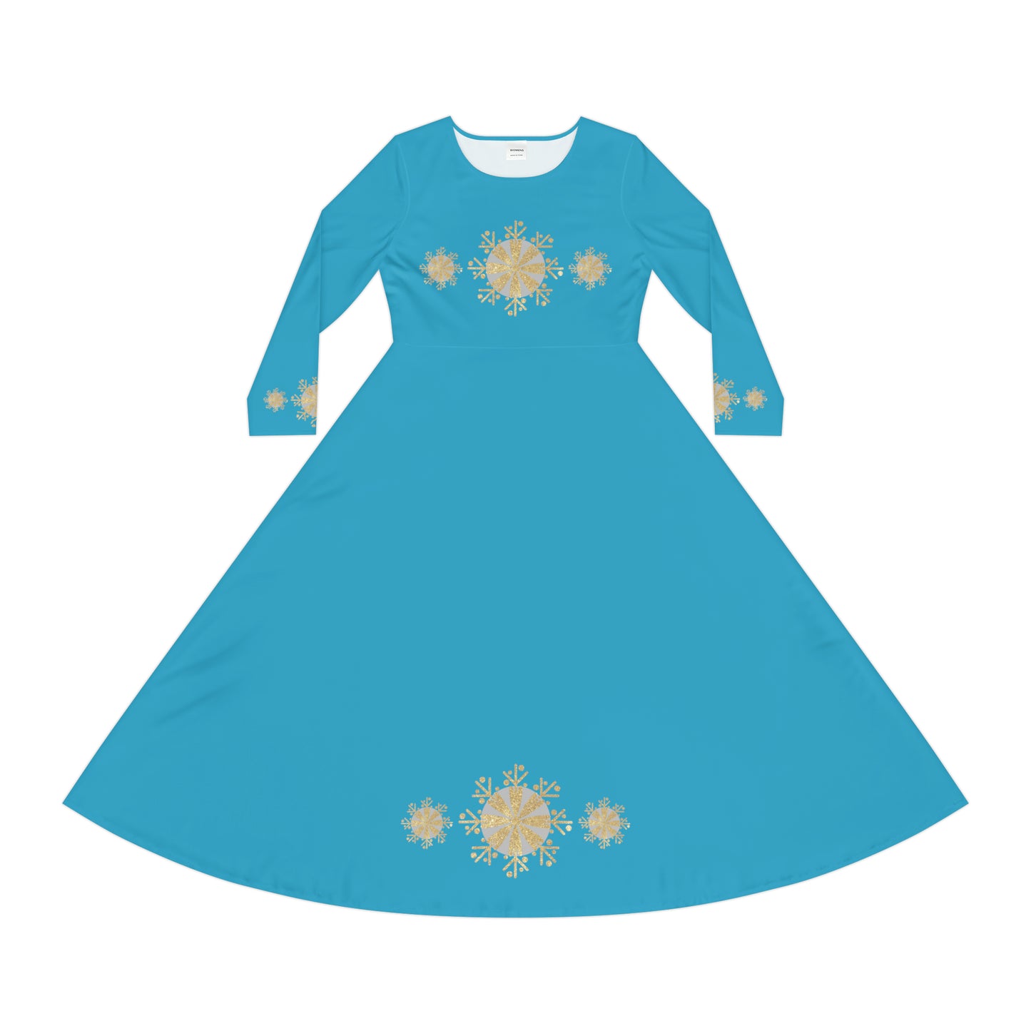 Christmas Silver Gold Snowflake on Turquoise Women's Long Sleeve Dance Dress (AOP)