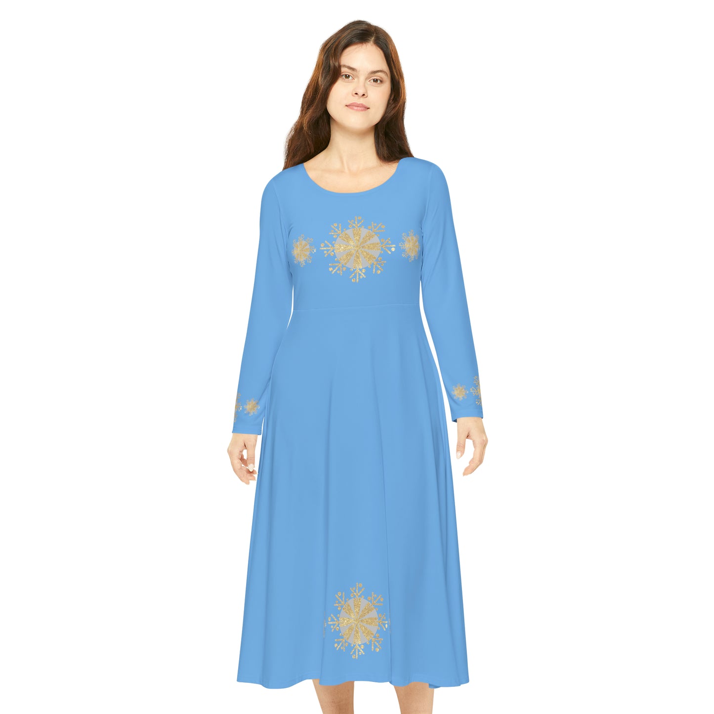 Christmas Silver Gold Snowflake on Light Blue Women's Long Sleeve Dance Dress (AOP)