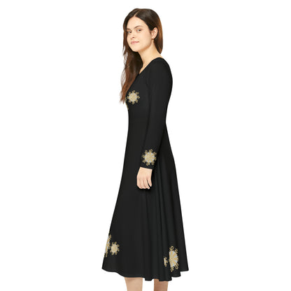 Christmas Silver Gold Snowflake on Black Women's Long Sleeve Dance Dress (AOP)