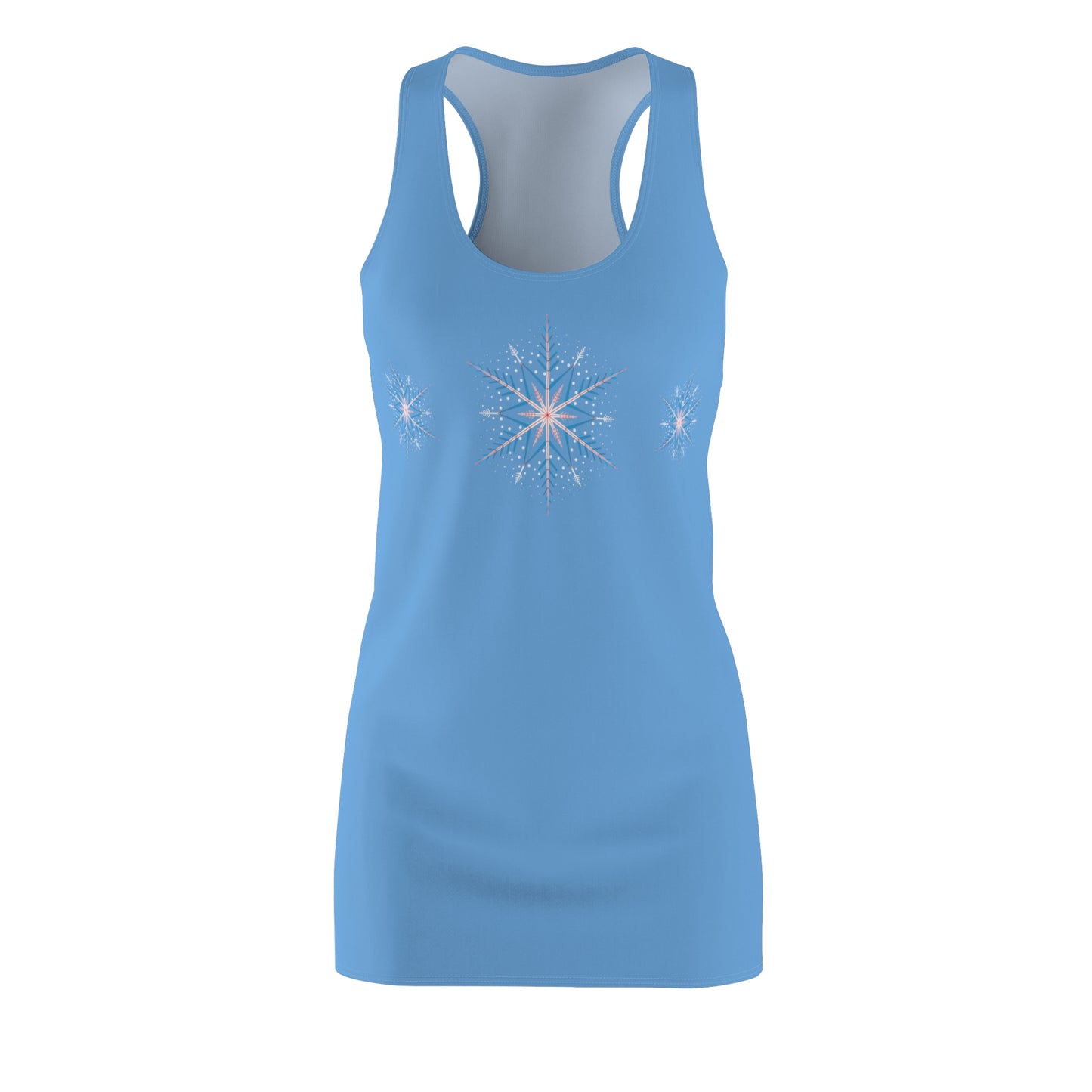 Women's Snowflake Trio Sparkle Design on Light Blue Cut & Sew Racerback Dress (AOP)