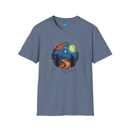 Halloween Scene Moonlit Path Unisex Softstyle T-Shirt, Nature Lover Tee, Hiking Apparel, Gift for Outdoor Enthusiasts, Cozy Everyday Wear
