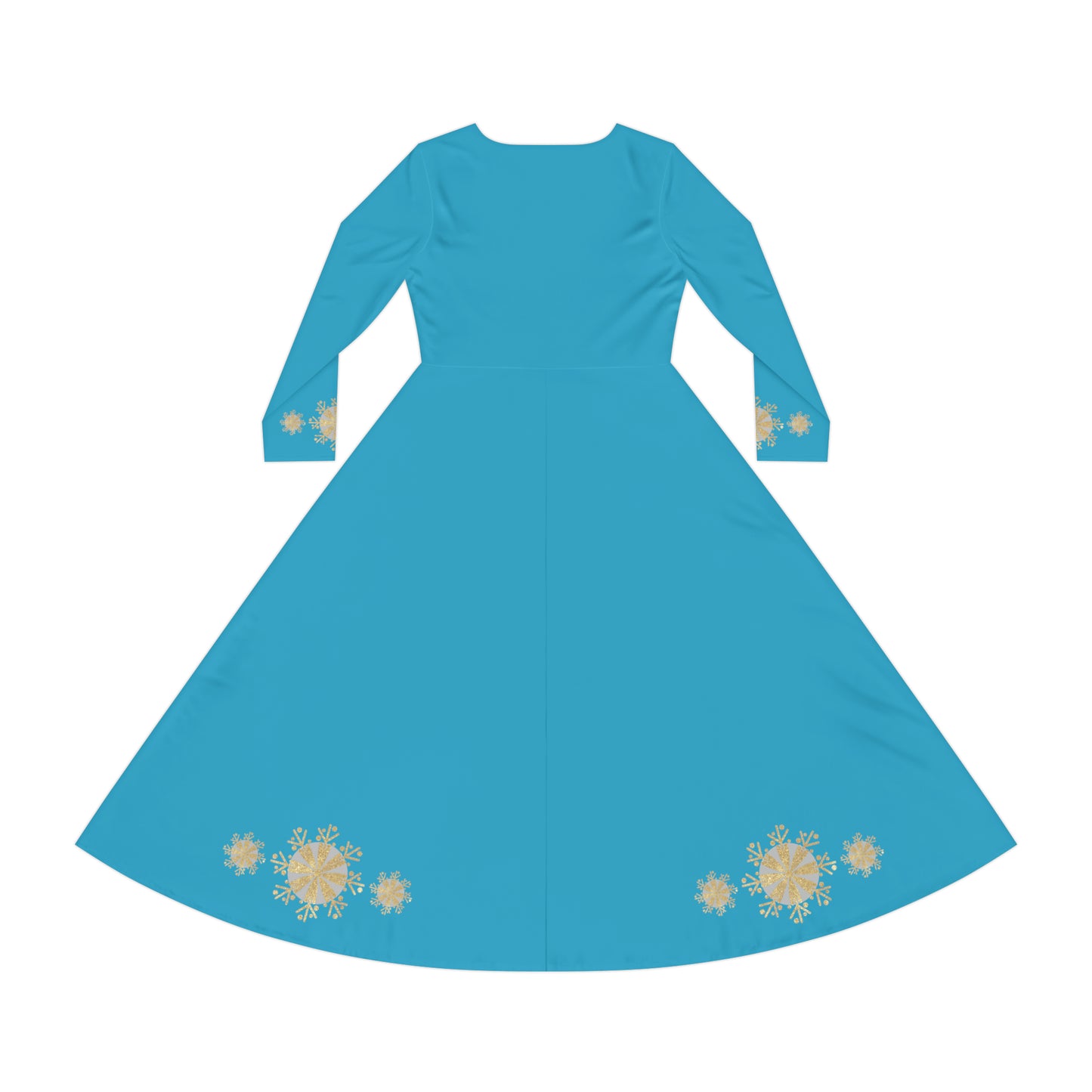 Christmas Silver Gold Snowflake on Turquoise Women's Long Sleeve Dance Dress (AOP)