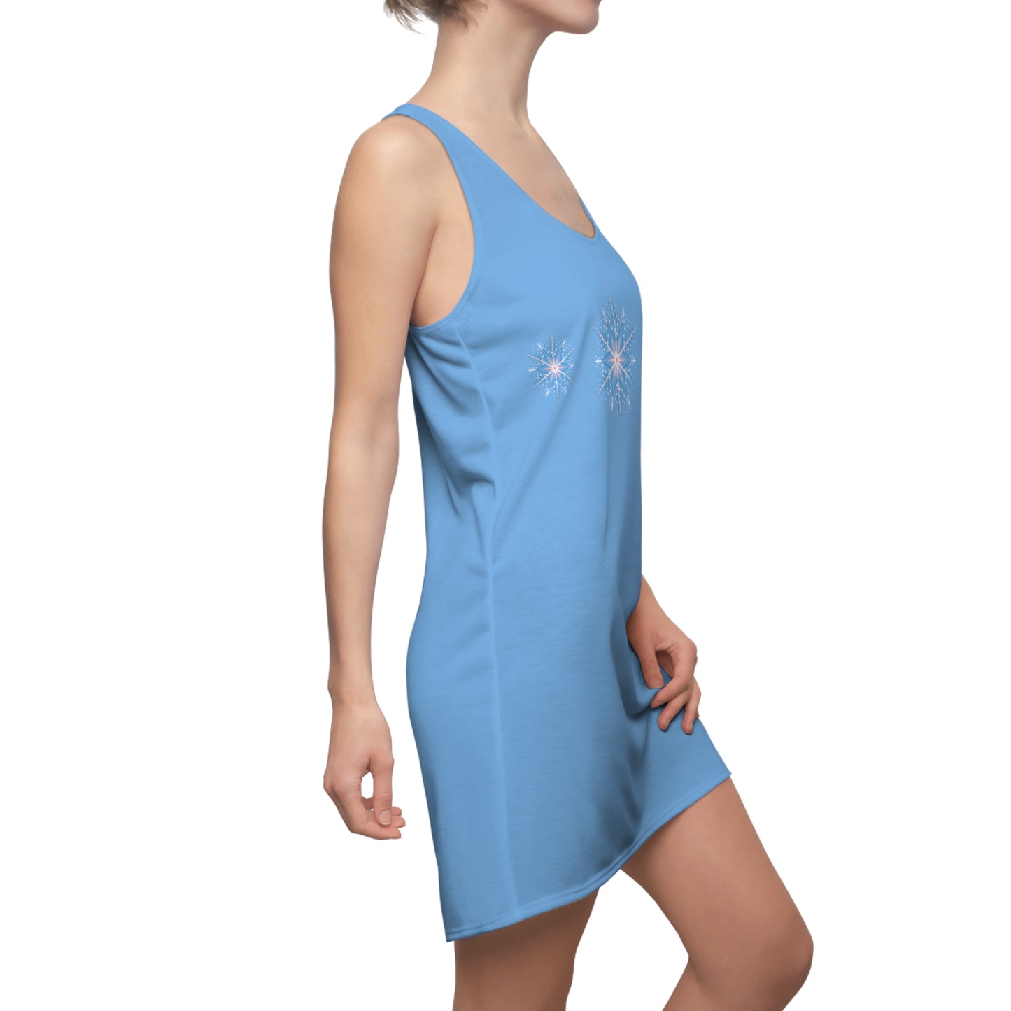 Women's Snowflake Trio Sparkle Design on Light Blue Cut & Sew Racerback Dress (AOP)