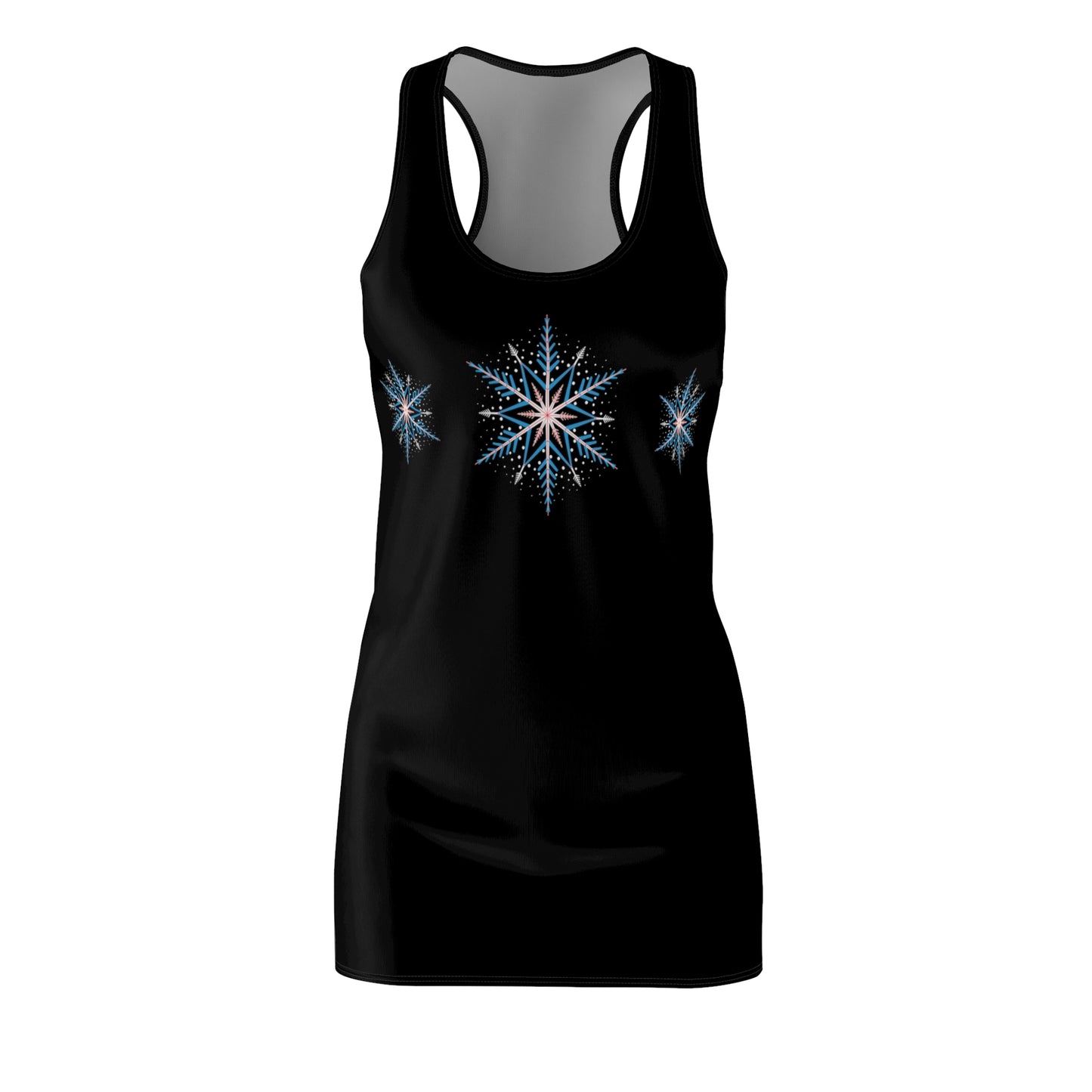 Women's Snowflake Trio Sparkle Design on Black Cut & Sew Racerback Dress (AOP)