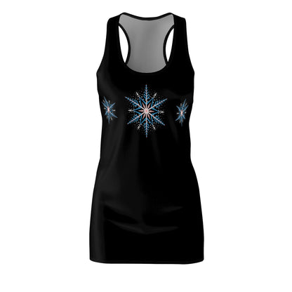 Women's Snowflake Trio Sparkle Design on Black Cut & Sew Racerback Dress (AOP)