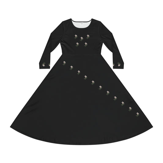 Pink lillies Women's Black Long Sleeve Dance Dress (AOP)