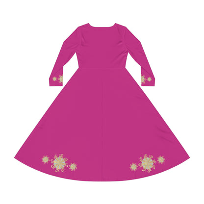 Christmas Silver Gold Snowflake on Pink Women's Long Sleeve Dance Dress (AOP)